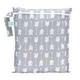 Bumkins Wet Bag: Arrow is a gray, waterproof bag with a white arrow pattern, zipper closure, and side strap.