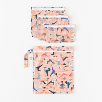 Four bags from Bumkins The Playdate Planner Deluxe 5-Piece Set: Yoga Pals are arranged neatly on a white background.