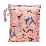 Bumkins Wet Bag: Yoga Pals—features a pattern of people and animals doing yoga, with heat-sealed seams, a zipper, and a side handle.