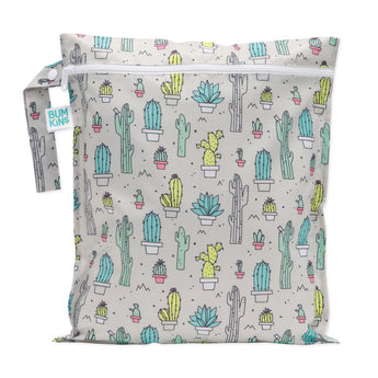 Bumkins Wet Bag: Cacti features cactus illustrations on gray waterproof fabric with a zipper closure and side handle.