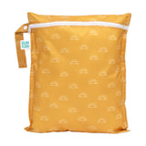 Bumkins Wet Bag: Sunshine has a yellow design with white sun pattern, a white zipper, and a waterproof fabric strap.