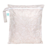 Bumkins Wet Bag: Wander is a beige waterproof bag with white abstract patterns, a zipper, and a handle—perfect for reusable needs.