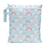 Bumkins Wet Bag: Rainbows features a colorful rainbow and cloud design on light blue waterproof fabric with a side handle and zipper closure.