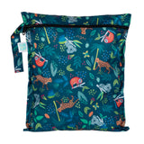 Bumkins Wet Bag: Jungle features a colorful design with sloths, cheetah, and koalas on dark blue waterproof fabric with a zipper closure.