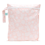 Bumkins Wet Bag: Lace features a white floral lace design on pale pink waterproof fabric, zipper closure, and side handle.