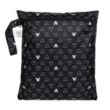 Bumkins Wet Bag: Mickey Mouse Icon Black + White is a black waterproof zippered pouch with a white Mickey Mouse silhouette pattern.