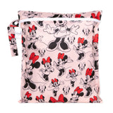 Bumkins Wet Bag: Minnie Mouse Classic features Minnie Mouse illustrations on pink waterproof fabric with a zipper closure & side handle.