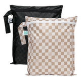 Bumkins Wet Bag 2 Pack in Sand & Black Check: waterproof, reusable bags with zippers and handles.
