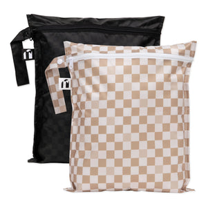 Bumkins Wet Bag 2 Pack: Sand and Black Check—2 waterproof bags, one black checkered & one tan checkered, with zipper closure and side handle.