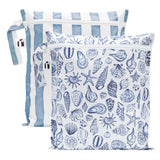 Roamio by Bumkins Wet Bag 2 Pack: Coastal—zippered, waterproof, reusable bags with stripes & sea creatures for travel.