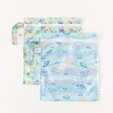 Bumkins Wet Bag 2 Pack: Disney Stitch Star-ring Up Trouble—pastel waterproof bags, celestial & tropical prints on white.