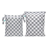 Bumkins Wet Bag + Wet/Dry Bag Set: Charcoal Check includes 2 gray & white checkered waterproof bags with white zippers.