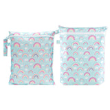 Bumkins Wet Bag + Wet/Dry Bag Set: Rainbow—two pastel blue waterproof bags with zippers, handles, and fun prints.