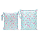 Bumkins Wet Bag + Wet/Dry Bag Set: Rainbow—2 pastel blue waterproof bags with cloud & rainbow prints and zipper closures.
