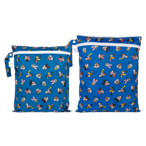 Bumkins Wet Bag + Wet/Dry Bag Set: Mickey & Friends Forever includes 2 blue waterproof bags with Disney character faces and zipper closures.