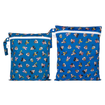 Bumkins Wet Bag + Wet/Dry Bag Set: Mickey & Friends Forever includes 2 blue waterproof bags with Disney character faces and zipper closures.