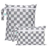 Bumkins Wet Bag + Wet/Dry Clutch Set: Charcoal Check includes two gray & white checkered waterproof bags with white zippers.