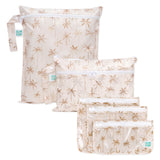 Bumkins Palm Daze 3-pack set: Wet Bag, Wet/Dry Clutch, and Clear Travel Bag—eco-friendly essentials for any trip.