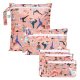 Bumkins Yoga Pals 3 Pack: Wet Bag, Wet/Dry Clutch & Clear Travel Bag—peach print, perfect for travel or organizing essentials.