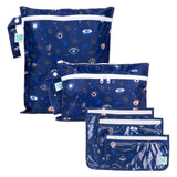 Bumkins Evil Eye Wet Bag, Wet/Dry Clutch, & Clear Travel Bag 3-pack—eco-friendly travel essentials with mystical designs.