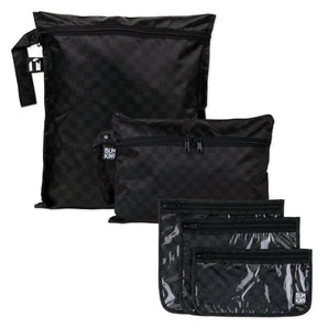 Bumkins The Chaos Coordinator Deluxe 5-Piece Set: Rich Black—5 black checkered waterproof bags with zipper closures.