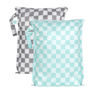 Bumkins Wet Bag Plus 2 Pack: Mint + Charcoal Check includes 2 checkered waterproof bags in gray & teal with zipper closures and side handles.