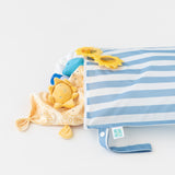 A Bumkins Wet Bag Plus 2 Pack: Blue + Yellow Stripe holds sunglasses stuffed toys, and more on a white background.