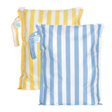 Bumkins Wet Bag Plus 2 Pack: Blue + Yellow Stripe includes 2 striped waterproof bags in blue & yellow with zipper closures and side handles.
