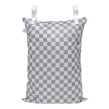 Bumkins Extra Large Wet Bag: Charcoal Check features waterproof fabric, a zipper, and adjustable snap handles.