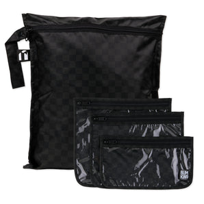 Bumkins The Chaos Coordinator Essential 4-Piece Set: Rich Black includes 4 black checkered waterproof bags with zipper closures.