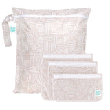 Bumkins Wet Bag + Clear Travel Bag 3 Pack Set: Wander—beige bags with white patterns, perfect for organized travel.