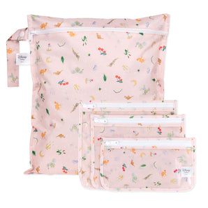 Bumkins The Chaos Coordinator Essential 4-Piece Set: Princess Magic includes 4 pink waterproof bags with a princess icon motif.