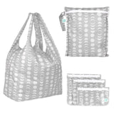 Bumkins Lunar Phase set: Wet Bag, 3 Clear Travel Bags, and a Packable Tote—stylish, reusable travel essentials.