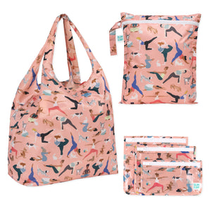 Bumkins The Playdate Planner Deluxe 5-Piece Set: Yoga Pals includes 5 pink waterproof bags with designs of people and animals in yoga poses.