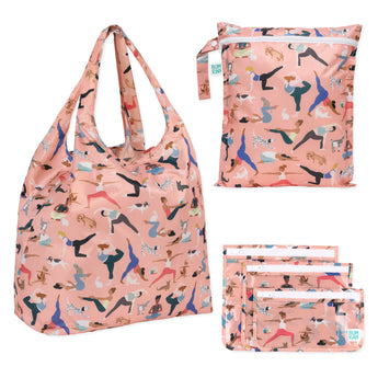 Bumkins The Playdate Planner Deluxe 5-Piece Set: Yoga Pals includes 5 pink waterproof bags with designs of people and animals in yoga poses.