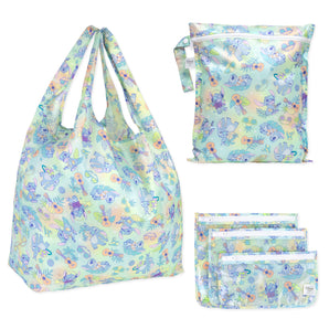 Bumkins The Playdate Planner Deluxe 5-Piece Set: Aloha Stitch includes 5 pastel waterproof bags with a tropical Stitch motif.