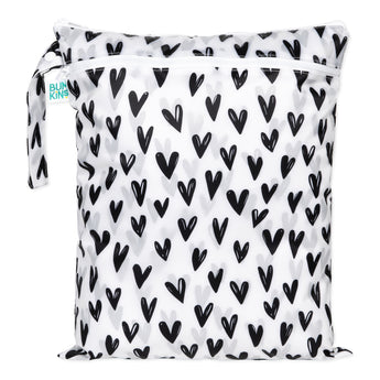 Bumkins Wet/Dry Bag: Hearts – white waterproof bag with black hearts, zipper top, and safety tested for peace of mind.