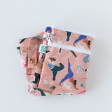 Bumkins Wet Bag + Wet/Dry Bag Set: Yoga Pals—pink, eco-friendly, reusable bags with cat & yoga designs. Great as a gift set!.