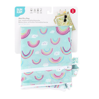 Bumkins Wet/Dry Bag: Rainbows is shown folded in its packaging.