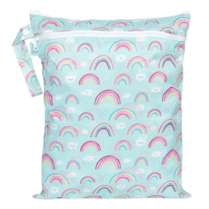 Bumkins Wet/Dry Bag: Rainbows is light blue waterproof pouch with pastel rainbows, clouds & raindrops and zipper closure.