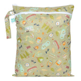 Bumkins Wet/Dry Bag: Camp Gear—beige with camping print, waterproof fabric, white zipper, and handle.