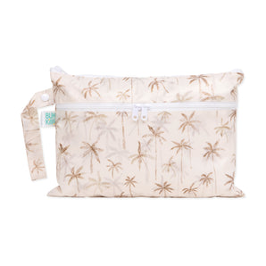Bumkins Wet/Dry Clutch: Palm Daze: Beige waterproof fabric with a palm tree print, zipper closure, and side handle loop.