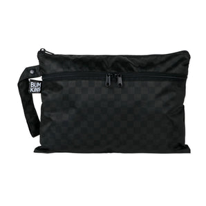 Bumkins Wet/Dry Clutch: Rich Black features dual zippers, a handle strap, and black checkered waterproof fabric.