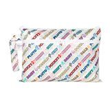 Bumkins Wet/Dry Clutch: Mickey & Friends Varsity is a white waterproof pouch with colorful Disney names like Mickey and Minnie.