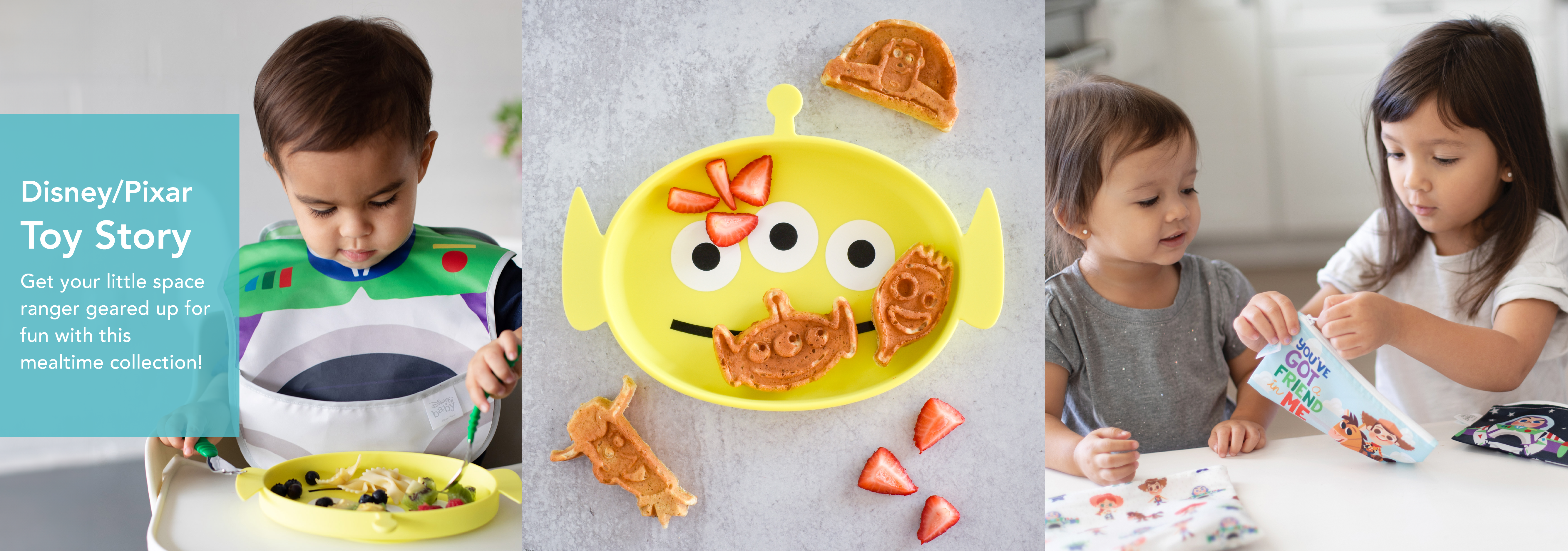 A child dressed as Buzz Lightyear eating from a plate. A Toy Story themed plate with shaped waffles and fruit slices. Two children reading a Toy Story book at a table. A text on the image promotes a mealtime collection.