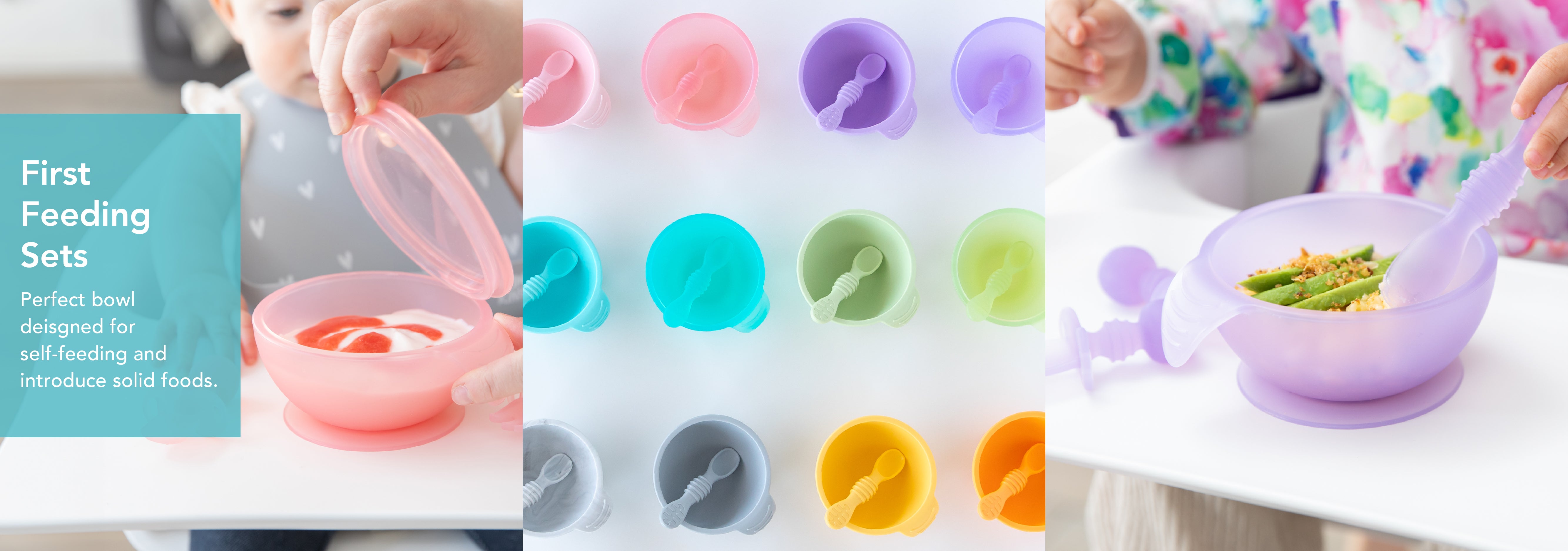 A split image showing a child using a pink bowl with yogurt, colorful bowls with spoons arranged vertically, and a childs hand holding a spoon in a purple bowl with veggie sticks. Text reads, First Feeding Sets: Perfect bowl designed for self-feeding.