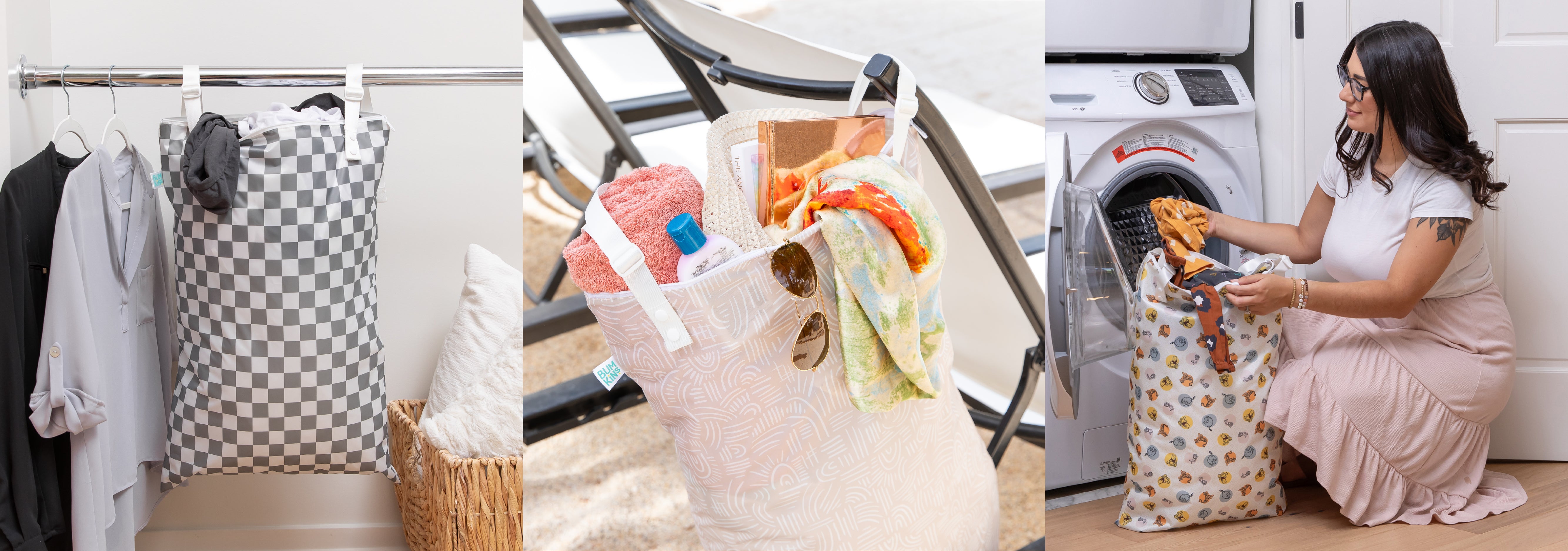 Three images: laundry bags with clothes, one bag with pool items, and a woman loading laundry into a washing machine.