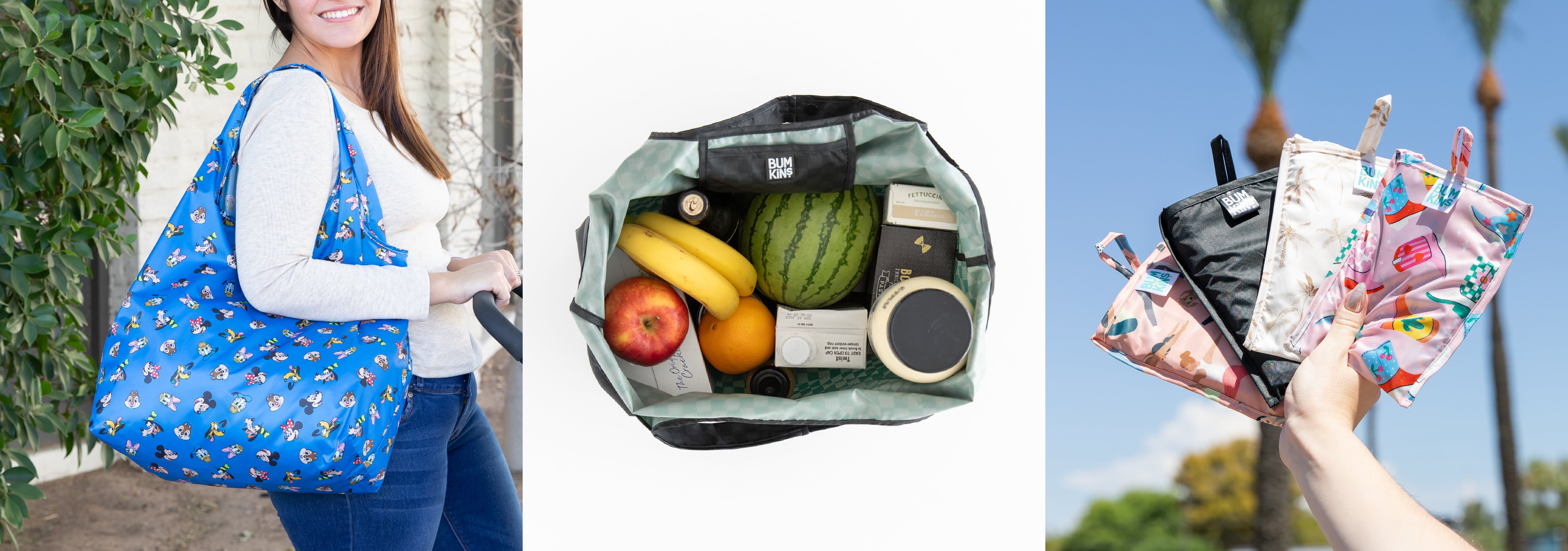 Woman with a blue reusable bag, groceries in a bag, and hands holding colorful reusable bags against the sky.
