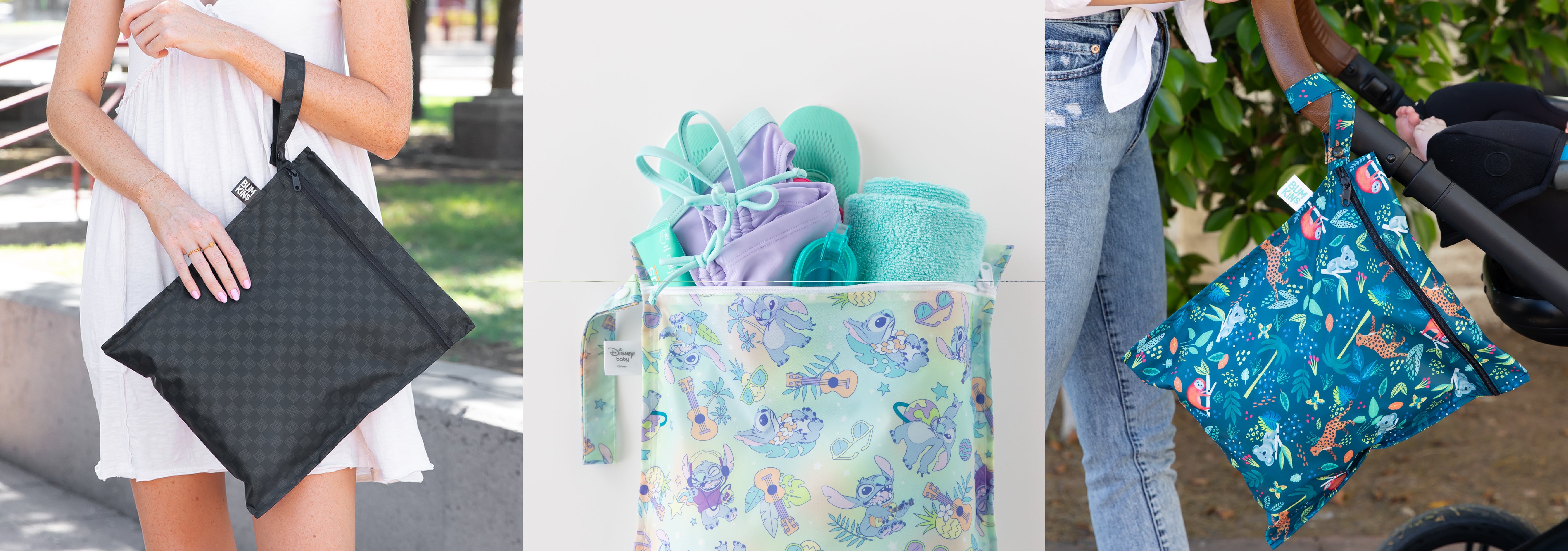Three different wet bags: a plain black one held by a woman, a pastel one with baby items, and a blue one on a stroller.