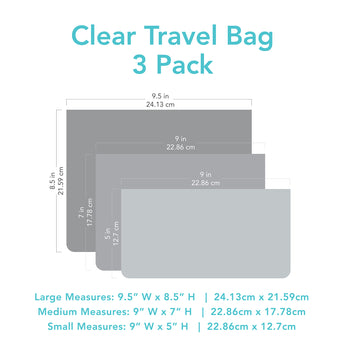 Bumkins Clear Travel Bag 3 Pack with dimensions—9.5 in (24 cm) by 8.5 in (22 cm), 9 in (23 cm) by 7.5 in (19 cm), 9 in (23 cm) by 5 in (13 cm).